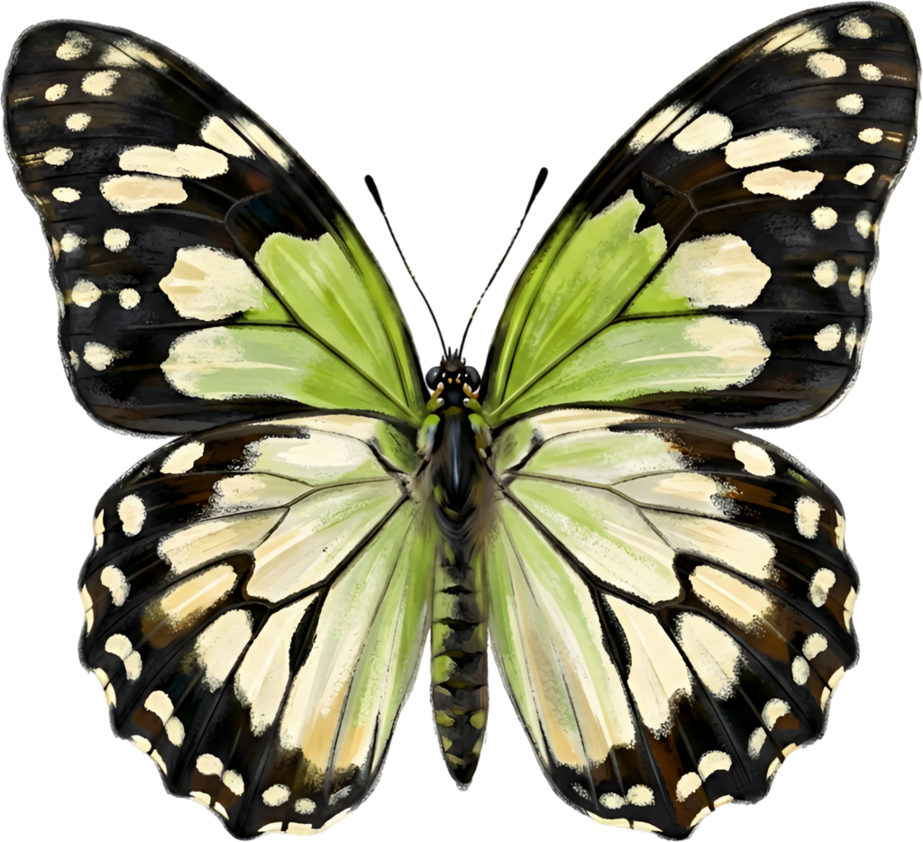 Lively Green and Black Butterfly, a refreshing PNG for natural clipart, ecological projects, and vibrant spring digital artwork
