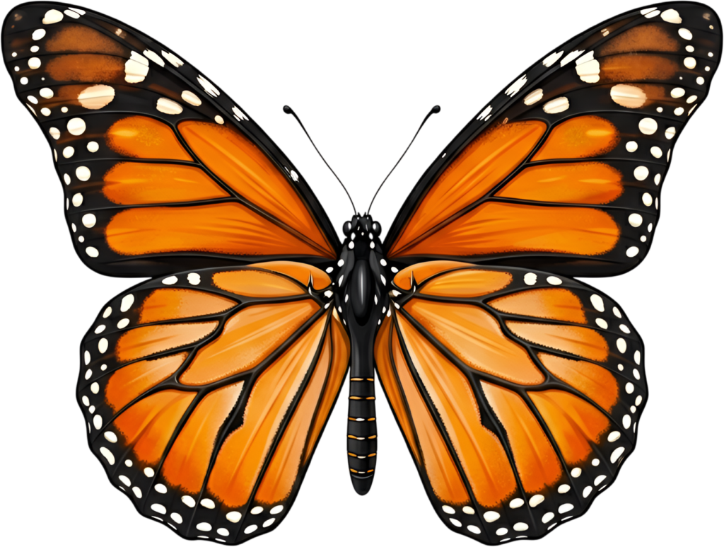 Striking Monarch Butterfly in dorsal view, a premium PNG for diverse clipart applications, educational content, and artistic compositions