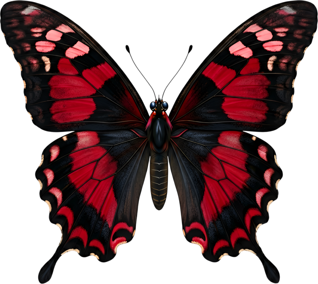 Bold Red and Black Butterfly, an impactful PNG for dynamic clipart, passionate branding, and eye-catching graphic design projects