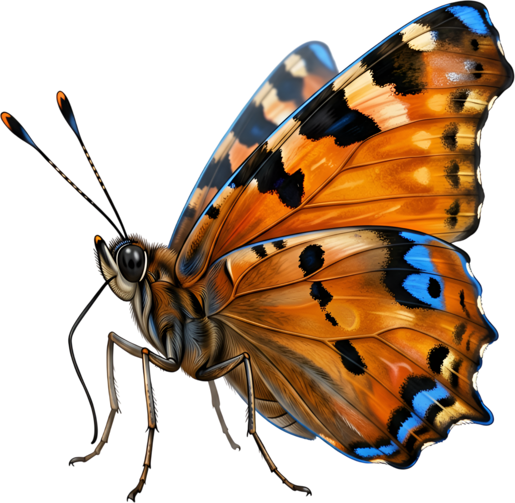 Artistic Orange and Blue Butterfly profile, an engaging PNG for captivating clipart, imaginative stories, and decorative digital layouts
