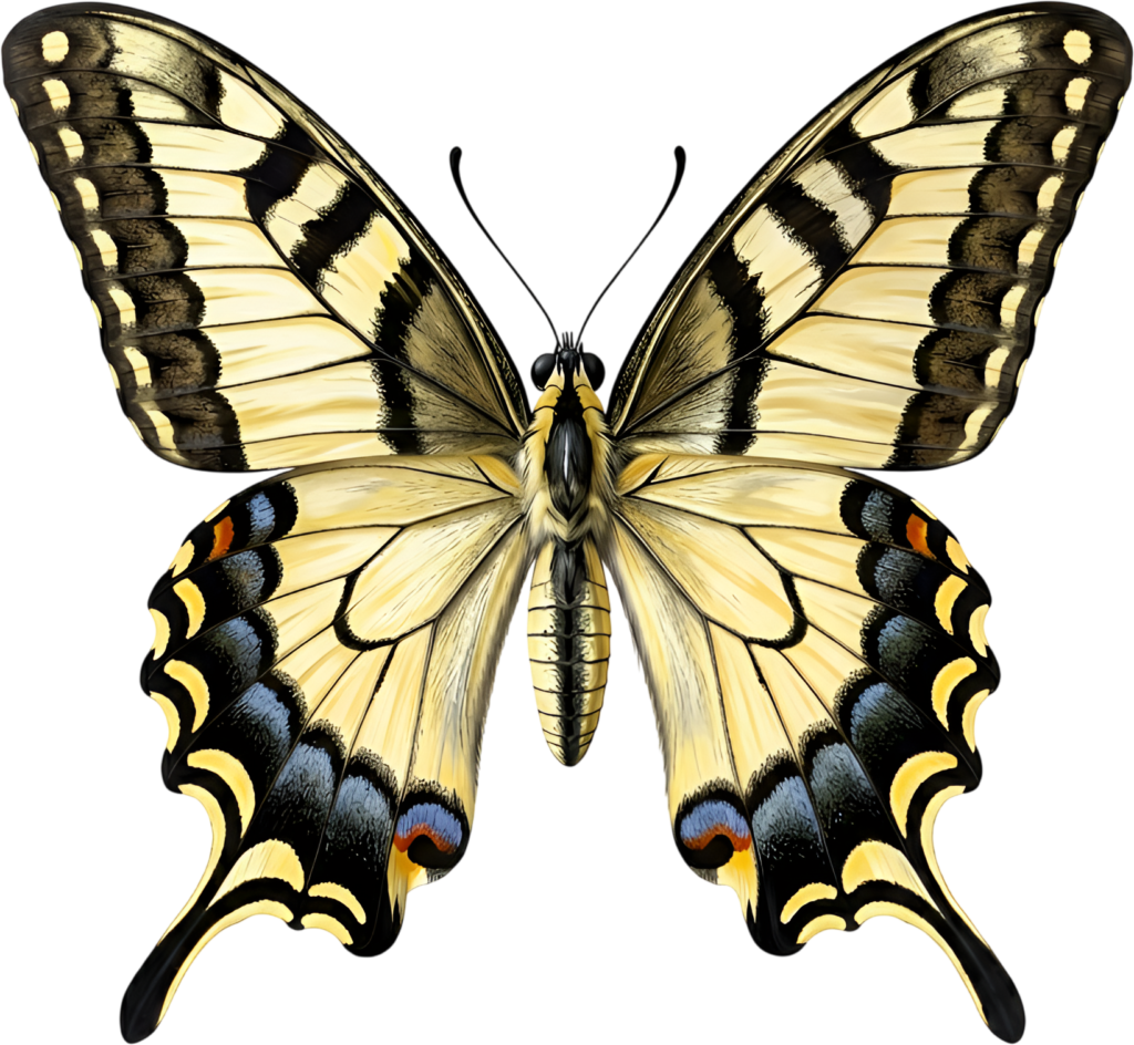 Classic Yellow Swallowtail Butterfly, a timeless PNG for traditional clipart, garden themes, and bright spring-summer decor elements