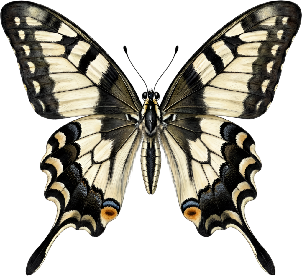 Grayscale Swallowtail Butterfly, a sophisticated PNG for monochrome clipart, elegant designs, and artistic black-and-white digital projects