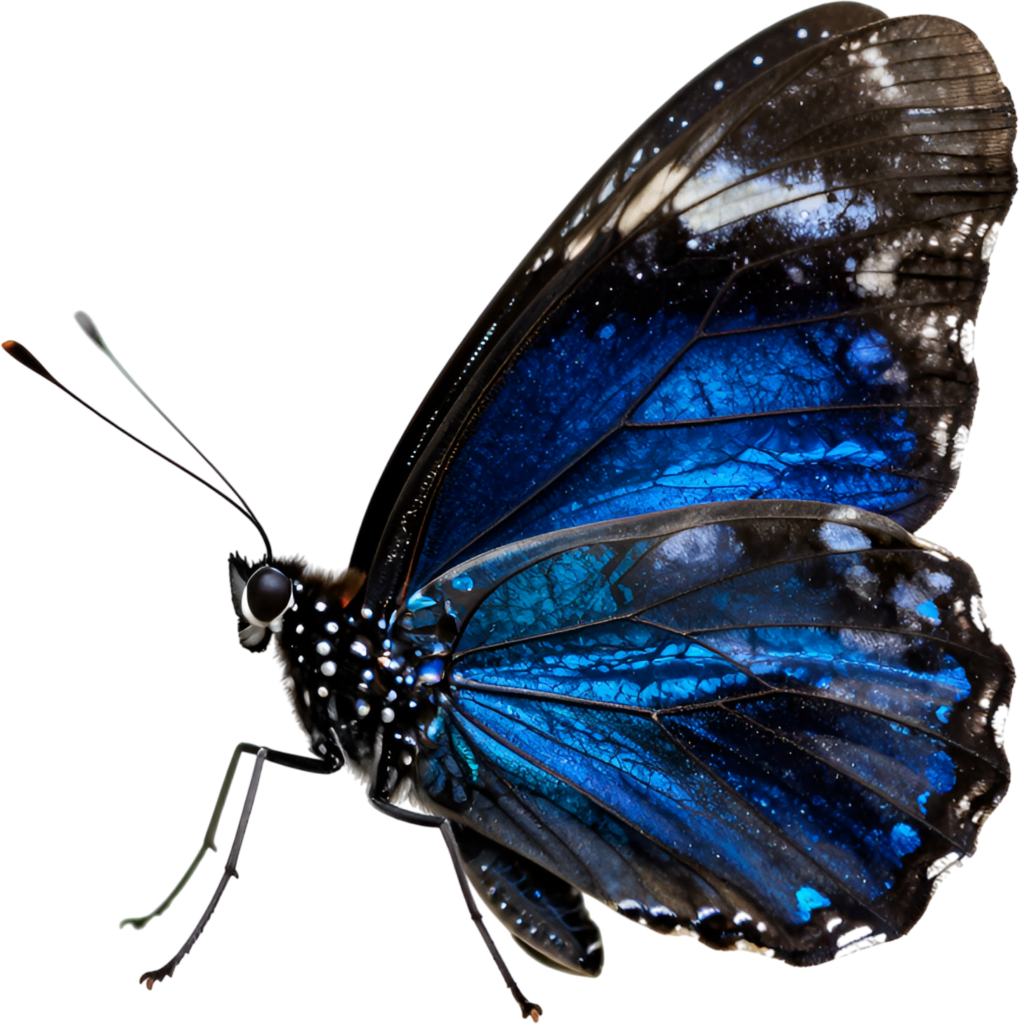 Deep Blue Butterfly in flight profile, a captivating PNG for ethereal clipart, fantasy designs, and enchanting digital compositions