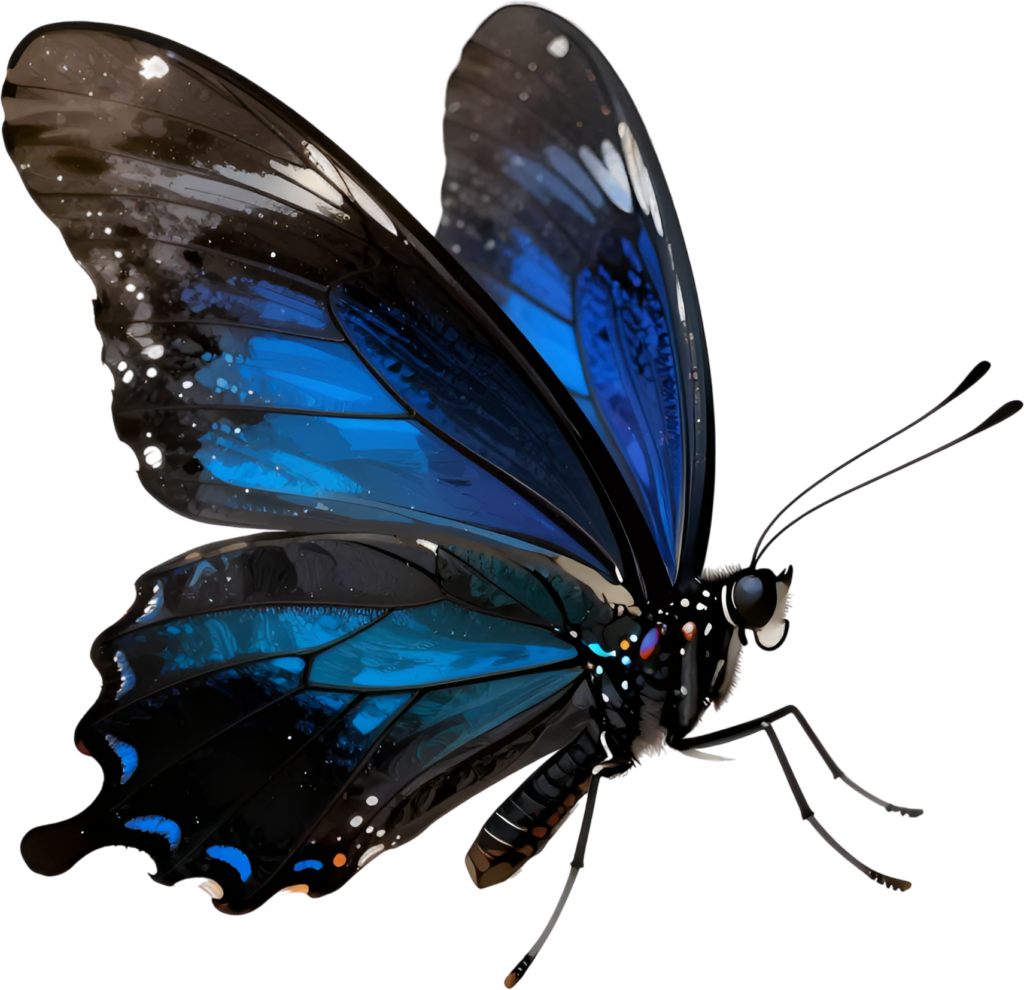 Brilliant Blue Butterfly in motion, a dynamic PNG for vivid clipart, animated designs, and striking visual storytelling elements