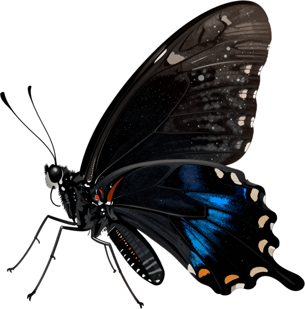 Sleek Black and Blue Butterfly in profile, a modern PNG for contemporary clipart, elegant branding, and sophisticated visual assets