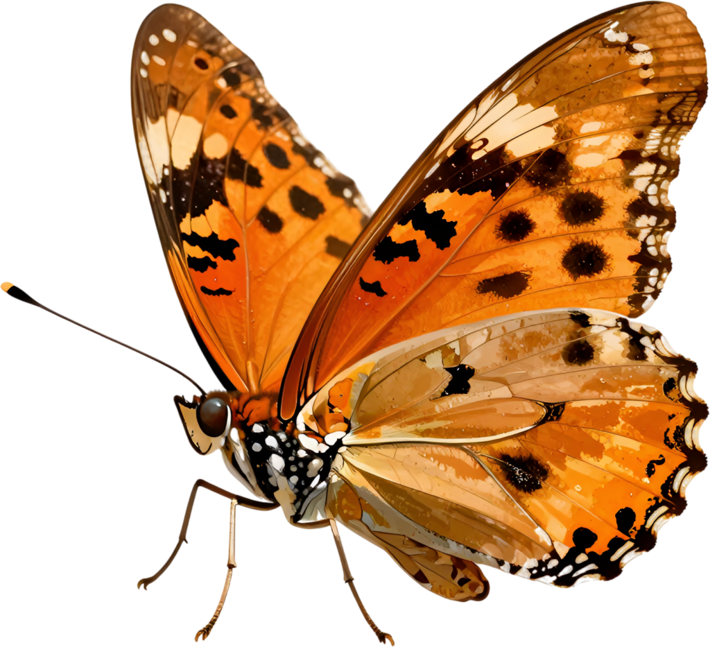 Rustic Orange and Black Butterfly in profile, an authentic PNG for naturalistic clipart, vintage designs, and warm digital artistic expressions