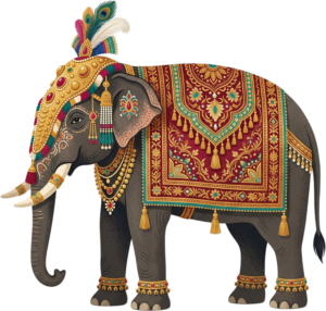 Grand Imperial Wedding Elephant with Peacock Feather Crown and Jeweled Harness Illustration in PNG