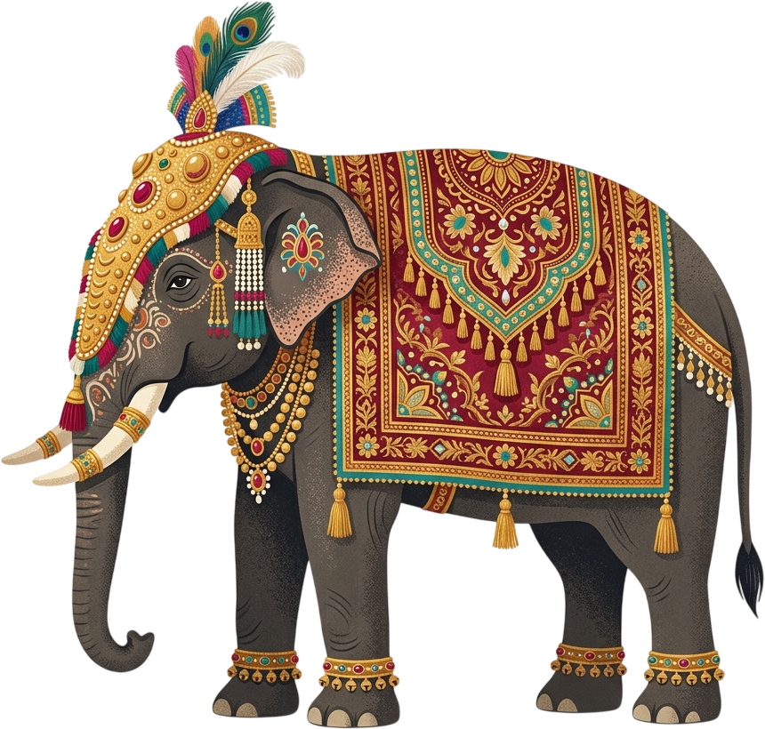 Grand Imperial Wedding Elephant with Peacock Feather Crown and Jeweled Harness Illustration in PNG 1 - Grand Imperial Wedding Elephant with Peacock Feather Crown and Jeweled Harness Illustration in PNG Free PNG Download