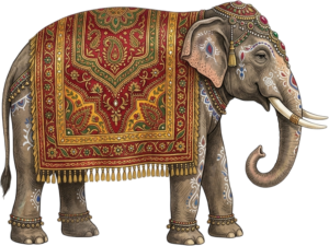 Ornate Royal Elephant with Paisley Floral Carpet and Gold Trim Illustration in High-Res PNG