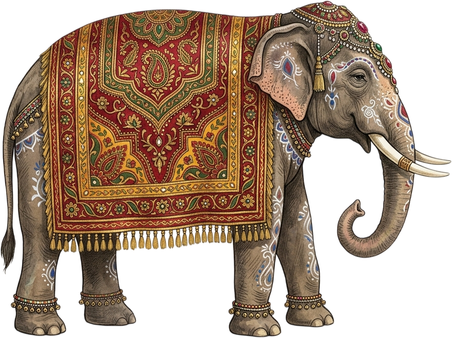Ornate Royal Elephant with Paisley Floral Carpet and Gold Trim Illustration in High-Res PNG 1 - Ornate Royal Elephant with Paisley Floral Carpet and Gold Trim Illustration in High-Res PNG Free PNG Download