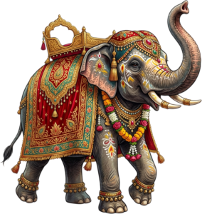 Majestic Festive Indian Elephant with Raised Trunk and Golden Ornaments Illustration for PNG Download