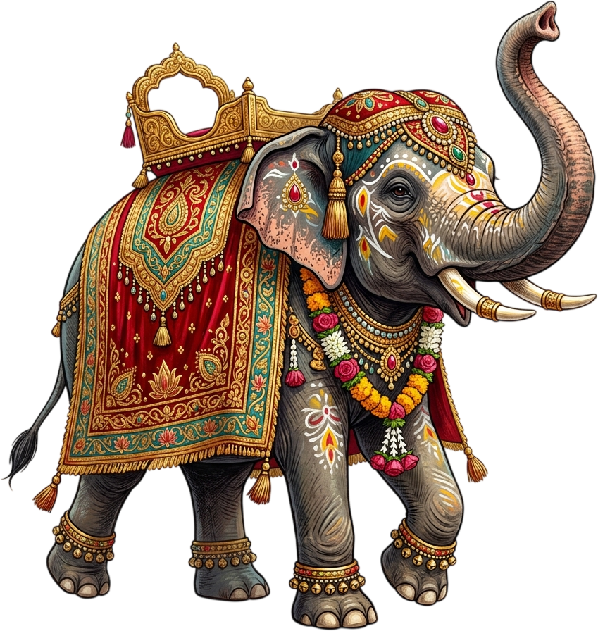 Majestic Festive Indian Elephant with Raised Trunk and Golden Ornaments Illustration for PNG Download 1 - Majestic Festive Indian Elephant with Raised Trunk and Golden Ornaments Illustration for PNG Download Free PNG Download