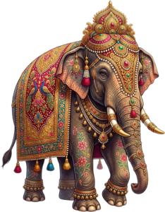Regal Indian Elephant Featuring Peacock Motif Drapery and Jeweled Crown Illustration in PNG Format