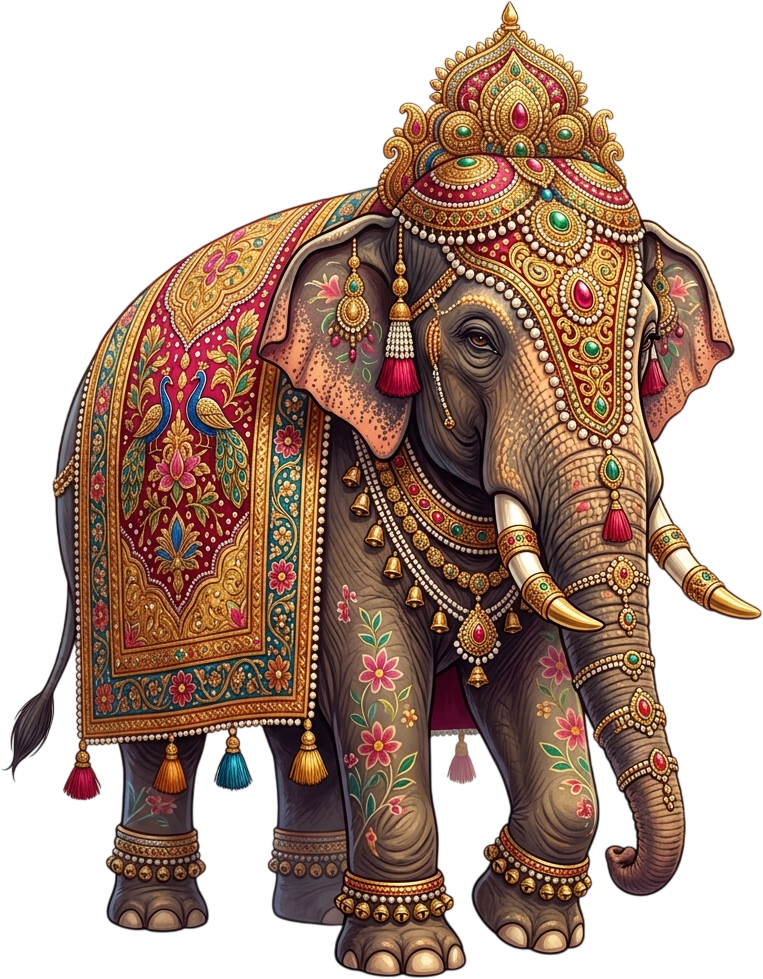 - Regal Indian Elephant Featuring Peacock Motif Drapery and Jeweled Crown Illustration in PNG Format Free PNG Download