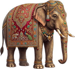 Grand Ceremonial Wedding Elephant with Intricate Red Velvet Style Drapery Illustration in Transparent PNG