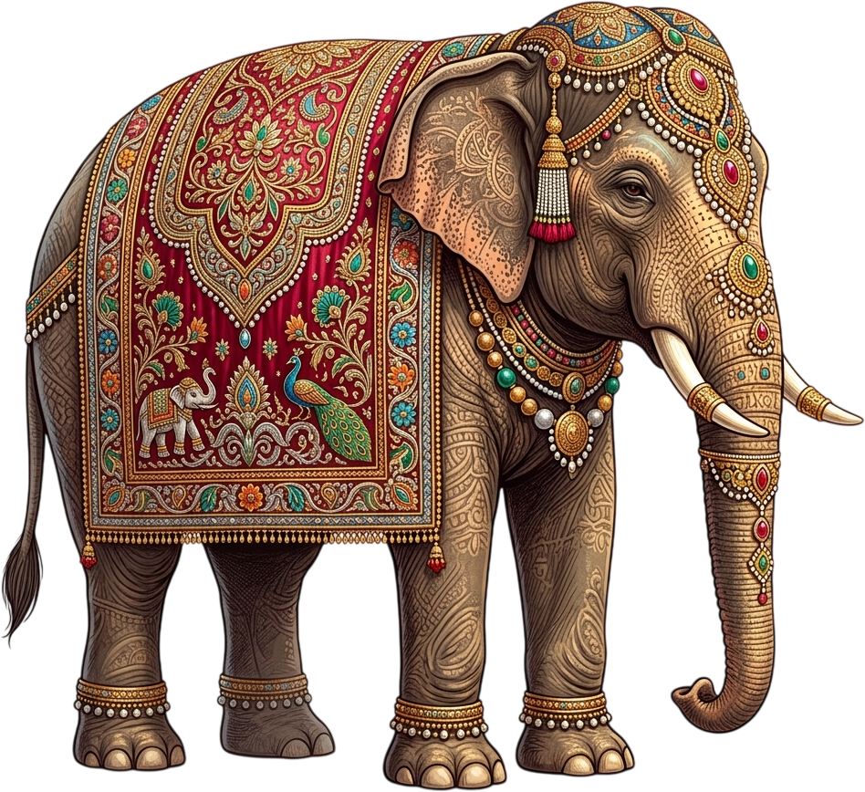 - Grand Ceremonial Wedding Elephant with Intricate Red Velvet Style Drapery Illustration in Transparent PNG Free PNG Download