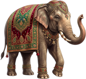 Royal Indian Wedding Elephant with Maroon Gold Paisley Jhool Illustration in Transparent PNG