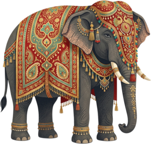 Majestic Grey Wedding Elephant with Ornate Red and Teal Floral Drapery Illustration in Transparent PNG