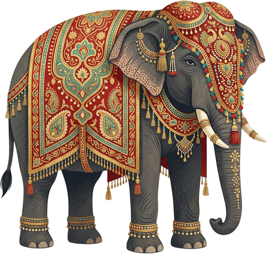 Majestic Grey Wedding Elephant with Ornate Red and Teal Floral Drapery Illustration in Transparent PNG 1 - Majestic Grey Wedding Elephant with Ornate Red and Teal Floral Drapery Illustration in Transparent PNG Free PNG Download