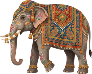 Artistic Indian Elephant with Floral Body Paint and Paisley Carpet Illustration in High-Res PNG