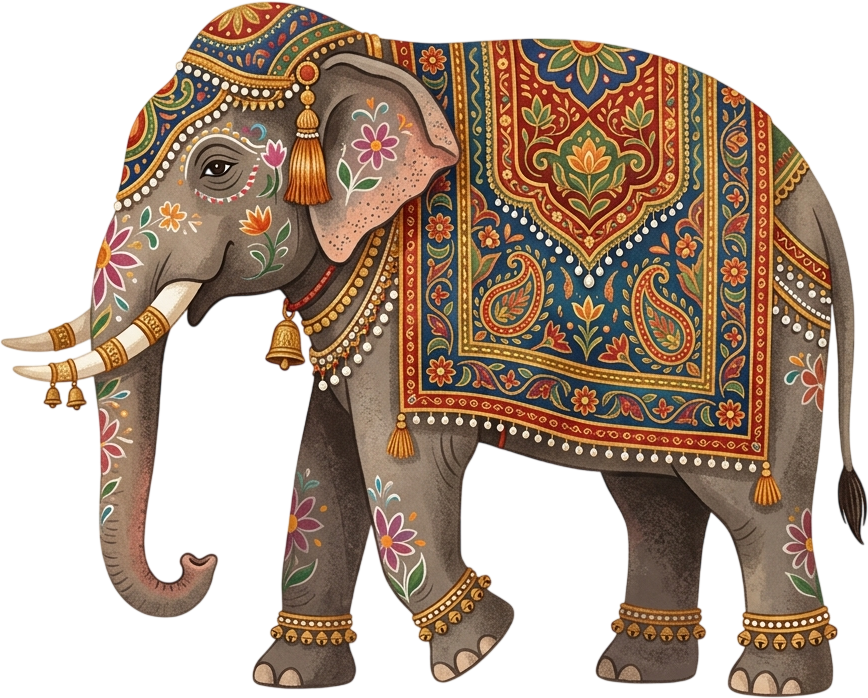 - Artistic Indian Elephant with Floral Body Paint and Paisley Carpet Illustration in High-Res PNG Free PNG Download
