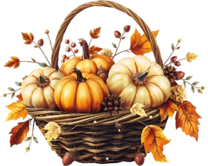 Elegant Fall Pumpkin Basket PNG Illustration featuring cozy autumn leaves and berries for seasonal decor