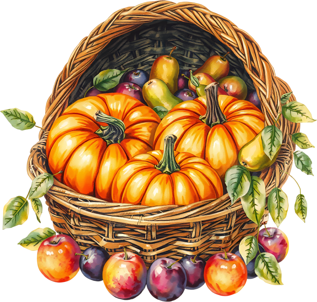 - Enhance your harvest projects with this vibrant Pumpkin Basket Illustration, brimming with fruits and fall PNG elements Free PNG Download