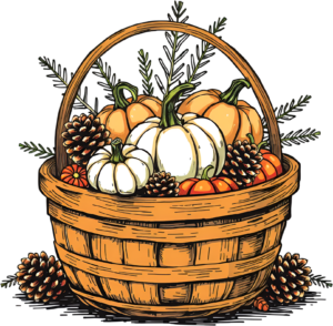 Discover a charming rustic Pumpkin Basket PNG Illustration, perfectly adorned with pinecones and evergreen accents for holiday crafts
