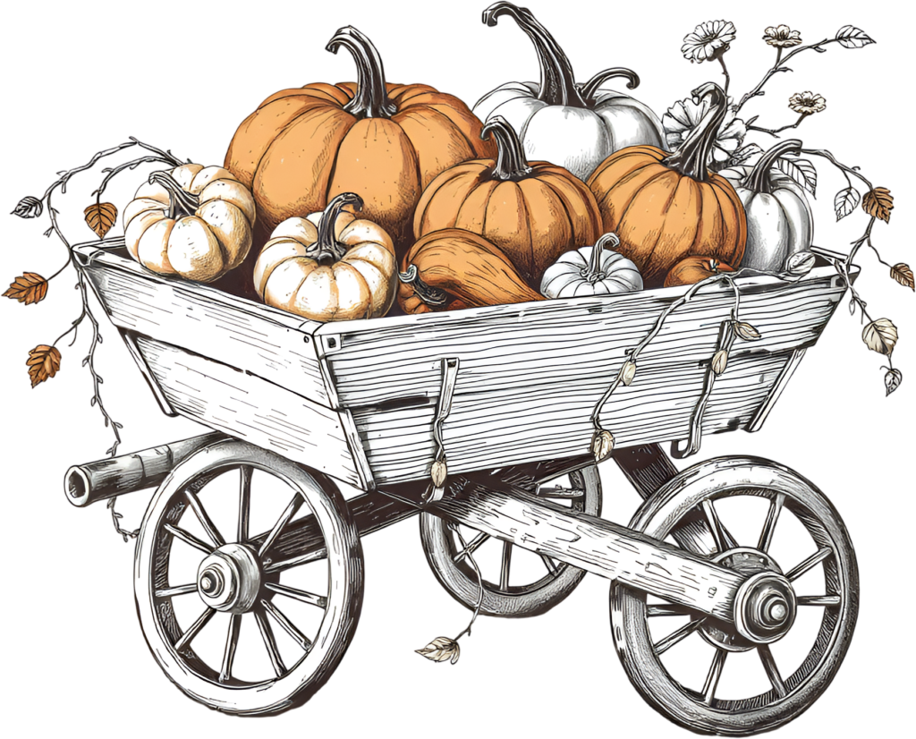Showcase this delightful Farm Wagon Pumpkin Illustration, a hand-drawn PNG asset overflowing with gourds, perfect for fall marketing 1 - Showcase this delightful Farm Wagon Pumpkin Illustration, a hand-drawn PNG asset overflowing with gourds, perfect for fall marketing Free PNG Download