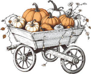 Showcase this delightful Farm Wagon Pumpkin Illustration, a hand-drawn PNG asset overflowing with gourds, perfect for fall marketing
