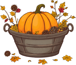 Find inspiration in this cozy Fall Pumpkin Tub PNG, beautifully arranged with vibrant autumn leaves and pinecones, ideal for home decor
