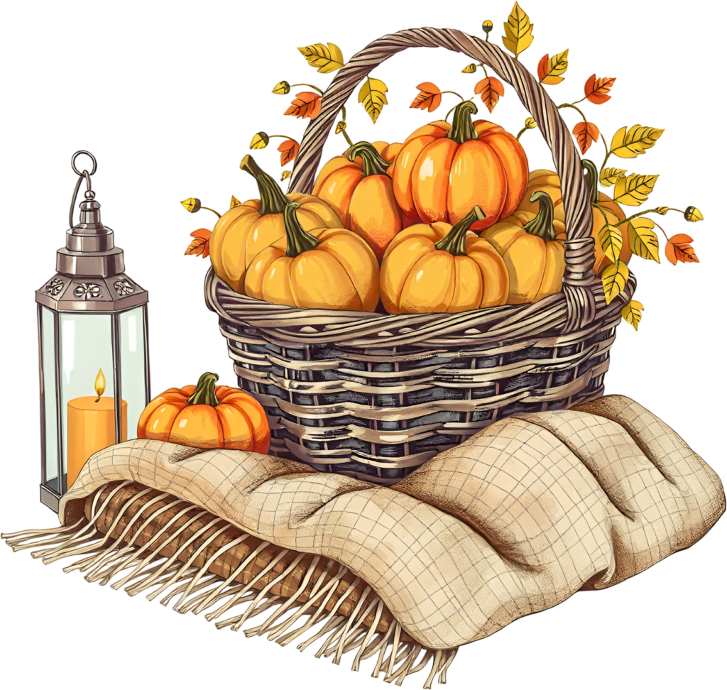 - Create warm ambiance using this charming Pumpkin Basket PNG Illustration, paired with a lantern and cozy blanket for autumn themed graphics Free PNG Download
