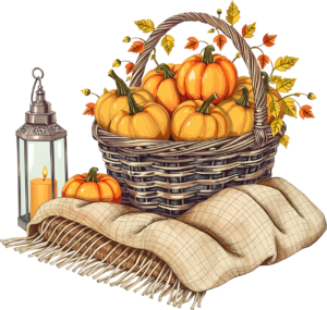 Create warm ambiance using this charming Pumpkin Basket PNG Illustration, paired with a lantern and cozy blanket for autumn themed graphics