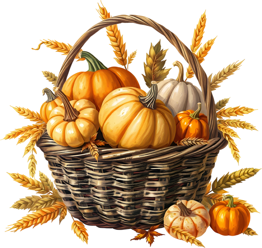 Observe this bountiful Harvest Pumpkin Basket Illustration, surrounded by golden wheat stalks, an essential PNG for seasonal design projects 1 - Observe this bountiful Harvest Pumpkin Basket Illustration, surrounded by golden wheat stalks, an essential PNG for seasonal design projects Free PNG Download