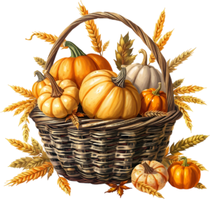 Observe this bountiful Harvest Pumpkin Basket Illustration, surrounded by golden wheat stalks, an essential PNG for seasonal design projects