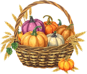 Presenting a delightful Colorful Pumpkin Basket PNG Illustration, featuring diverse gourds and wheat, perfect for unique autumn creations