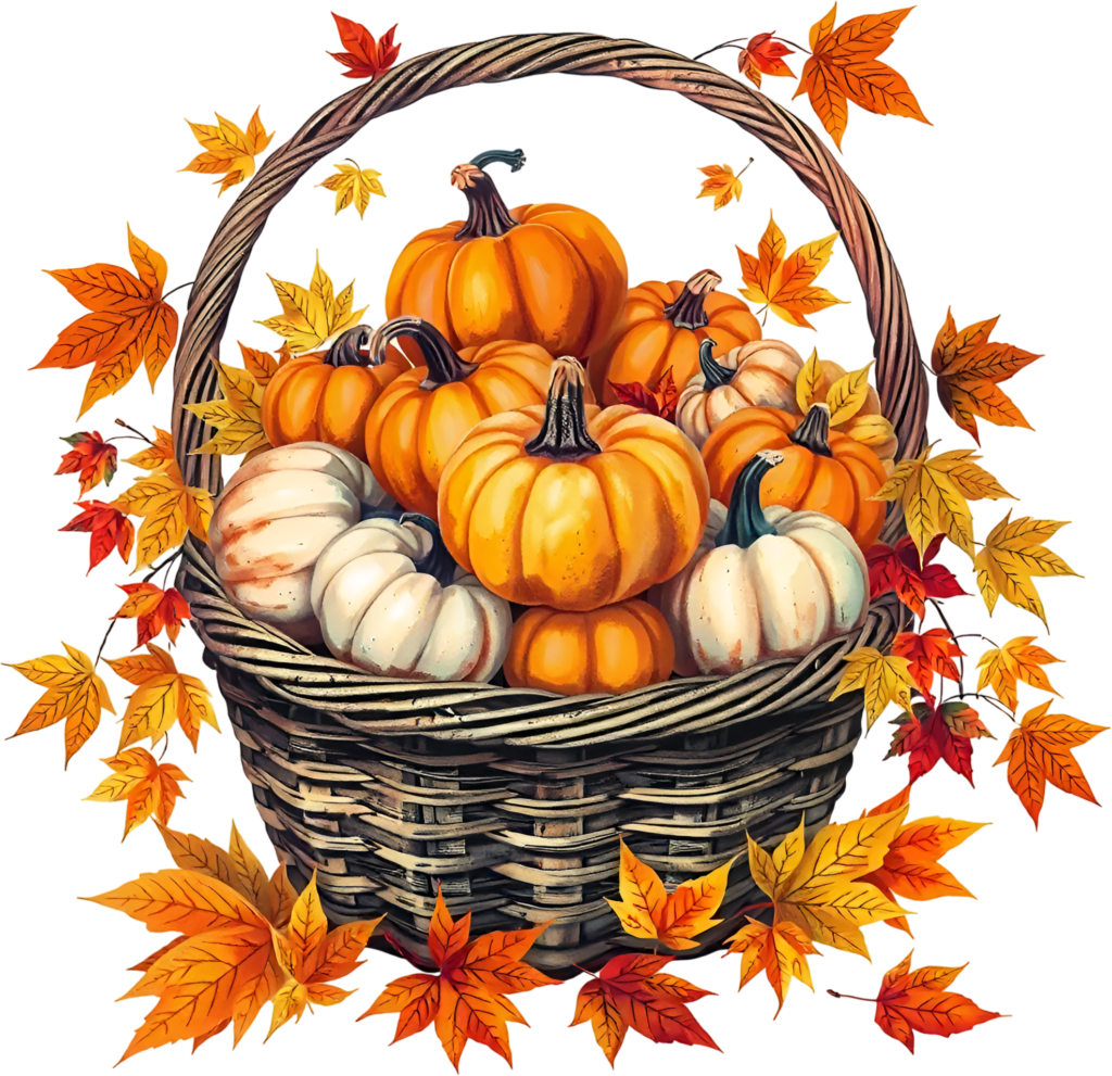 Immerse in autumn with this overflowing Pumpkin Basket Illustration, a vibrant PNG surrounded by a swirl of colorful maple leaves for festivities 1 - Immerse in autumn with this overflowing Pumpkin Basket Illustration, a vibrant PNG surrounded by a swirl of colorful maple leaves for festivities Free PNG Download