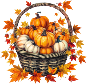 Immerse in autumn with this overflowing Pumpkin Basket Illustration, a vibrant PNG surrounded by a swirl of colorful maple leaves for festivities