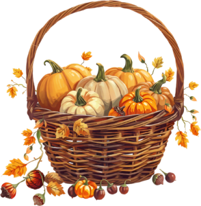 Access this charming Fall Pumpkin Basket PNG Illustration, complemented by delicate autumn branches and berries, perfect for invitations