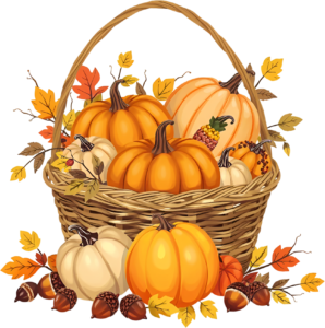 Acquire this cozy Autumn Pumpkin Basket Illustration, enriched with acorns and diverse fall leaves, an ideal PNG for warmth-themed projects
