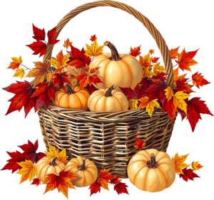 Highlight your designs using this radiant Fall Pumpkin Basket PNG Illustration, bursting with rich red and yellow autumn leaves, perfect for vibrant projects