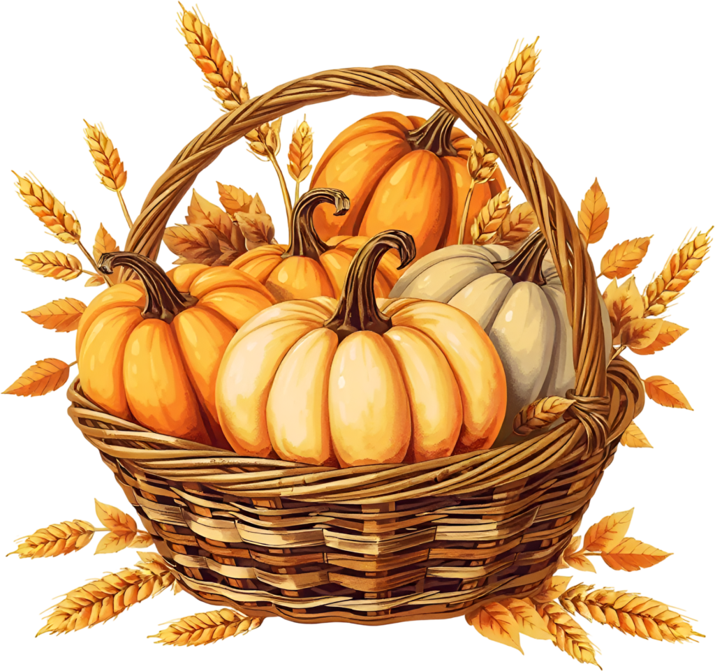 Behold this classic Harvest Pumpkin Basket Illustration, beautifully surrounded by golden wheat and varied gourds, an essential PNG for traditional themes 1 - Behold this classic Harvest Pumpkin Basket Illustration, beautifully surrounded by golden wheat and varied gourds, an essential PNG for traditional themes Free PNG Download