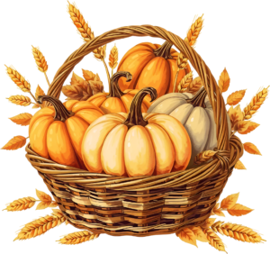Behold this classic Harvest Pumpkin Basket Illustration, beautifully surrounded by golden wheat and varied gourds, an essential PNG for traditional themes