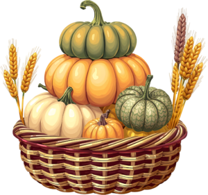 Elevate your autumn decor with this stacked Pumpkin Basket PNG Illustration, featuring green and orange gourds alongside wheat stalks, a unique visual