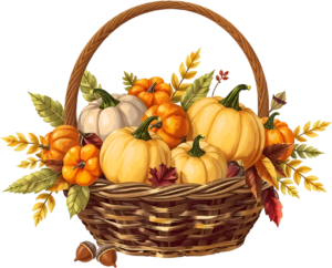 Select this inviting Fall Pumpkin Basket Illustration, a delightful PNG filled with a mix of orange and cream pumpkins, complemented by colorful leaves