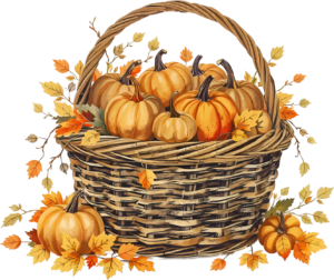 Craft beautiful seasonal greetings using this abundant Pumpkin Basket PNG, brimming with charming orange pumpkins and intricate fall foliage