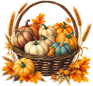 Presenting a captivating Autumn Pumpkin Basket PNG Illustration, showcasing diverse colorful pumpkins and wheat, perfect for vibrant harvest scenes