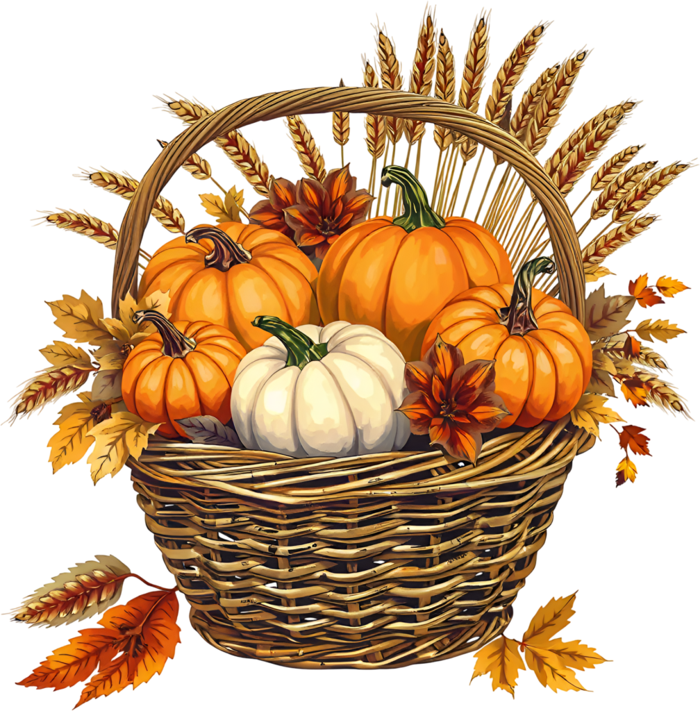 Design stunning autumn themes with this cozy Pumpkin Basket Illustration, a warm PNG filled with orange and white pumpkins, adorned with wheat 1 - Design stunning autumn themes with this cozy Pumpkin Basket Illustration, a warm PNG filled with orange and white pumpkins, adorned with wheat Free PNG Download