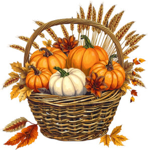 Design stunning autumn themes with this cozy Pumpkin Basket Illustration, a warm PNG filled with orange and white pumpkins, adorned with wheat