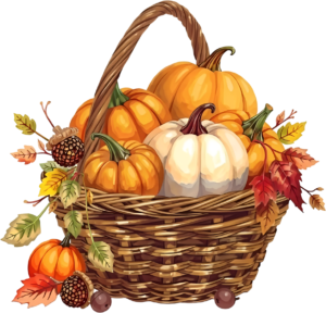 Explore this charming Harvest Pumpkin Basket PNG, filled with various gourds and surrounded by autumn leaves and acorns, for rustic projects